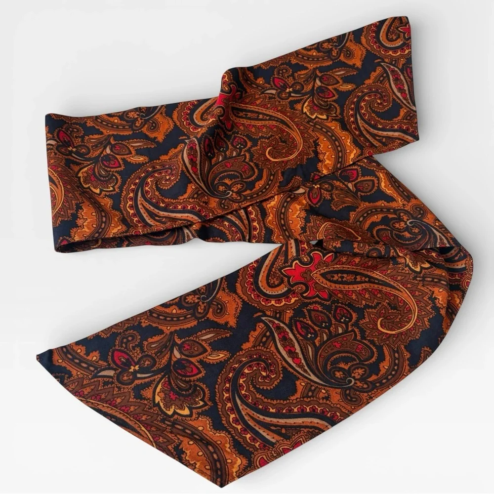 Vintage Paisley Narrow Scarf - Brown Navy Red Neckerchief Double Sided Rodeocore